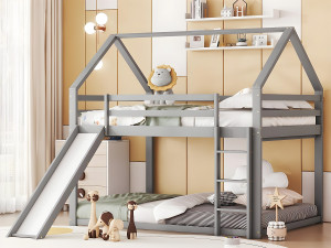ModernLuxe Kajuitstapelbed met glijbaan en ladder - 140x200cm - frame massief grenen - Grijs