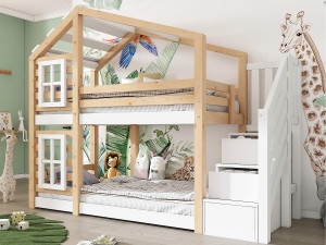 ModernLuxe Massief grenen stapelbed met valbeveiliging en opbergtrap - 90x200cm - naturel en wit