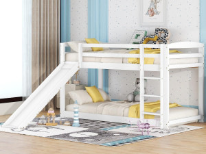 ModernLuxe Grenen stapelbed met valbeveiliging + ladder + glijbaan - 90x200cm - Wit
