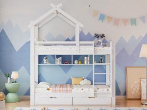 ModernLuxe Cabine stapelbed 90x200cm in massief grenen met laden en planken + lattenbodems - Wit