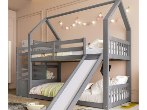 ModernLuxe Houten stapelbed 90x200cm - met barrières + opbergtrap + glijbaan - Grijs