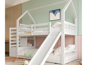 ModernLuxe Houten stapelbed 90x200cm - met barrières + opbergtrap + glijbaan - Wit