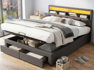 ModernLuxe Gestoffeerd opbergbed 180x200cm in linnen met lade en LED - opberghoofdeinde - lattenbodem - Grijs