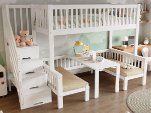 ModernLuxe Mezzaniebed 90x200cm+120x200cm in massief grenen met tafel en bank + lattenbodems - Wit