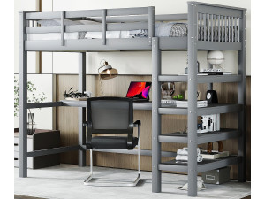ModernLuxe Mezzaninebed van 90x200 cm in massief grenen met bureau en opbergplank - Grijs