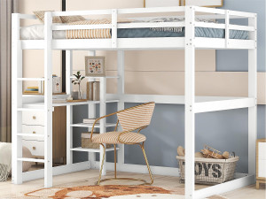 ModernLuxe Hoogslaper 140x200cm in massief hout - met bureau en planken - Wit