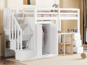 ModernLuxe Houten mezzaninebed 90x200cm - met kledingkast, bureau en opbergtrap - Wit