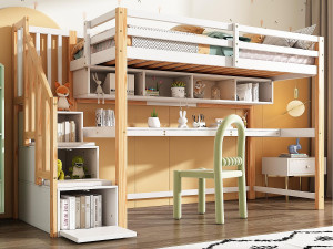 ModernLuxe Houten tussenbed 90x200cm - met opbergtrap + bureau + lattenbodem - Wit & Naturel