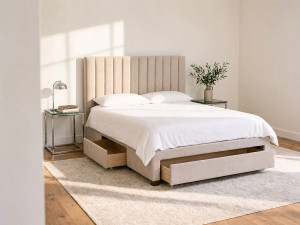 Vente-unique Bed met 3 lades 140 x 200 cm - Stoffen bekleding - Beige - LIAKO