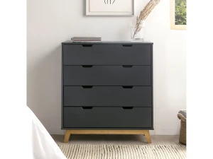 VS Venta-stock Cómoda de Noche Miranda de 4 cajones Antracita, DM Lacado, Patas de Madera y guías metálicas