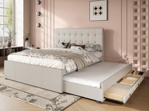 ModernLuxe Gestoffeerd bed 140x200cm met onderschuifbed 90x190cm - in linnenstof - met 3 lades en lattenbodem - Beige