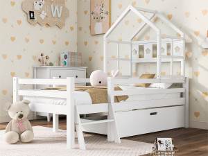 ModernLuxe Cabinebed 90x200cm - massief hout - met ladder + lades + valbeveiliging - Wit