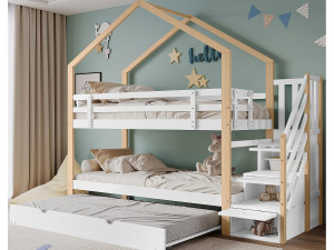ModernLuxe Stapelbed 90x200cm + uitschuifbed 90x190cm - kinderhutbed met opbergtrap - massief hout - Wit
