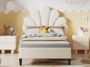 ModernLuxe Eenpersoonsbed bekleed met fluweel - 90x200cm - bloemvormig hoofdeinde - met lattenbodem - Beige