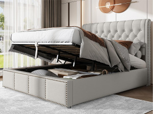 ModernLuxe Gestoffeerd linnenopbergbed - versierd met klinknagels - met lattenbodem - 160x200cm - Lichtgrijs