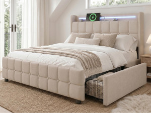 ModernLuxe Gestoffeerd bed 160x200cm in linnen - met LED en USB oplaadpoorten - 2 lades - Beige