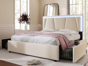 ModernLuxe Gestoffeerd bed 140x200cm in linnen - met 2 lades + LED + lattenbodem - Beige