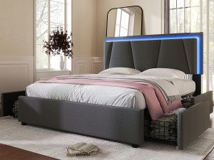 ModernLuxe Gestoffeerd bed 160x200cm in linnen - met 2 lades + LED + lattenbodem - Grijs