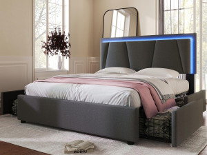ModernLuxe Gestoffeerd bed 140x200cm in linnen - met 2 lades + LED + lattenbodem - Grijs
