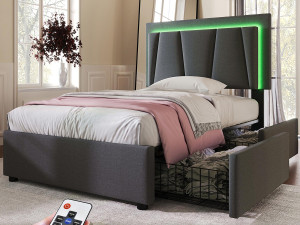 ModernLuxe Gestoffeerd bed 90x200cm in linnen - met 2 lades + LED + lattenbodem - Grijs