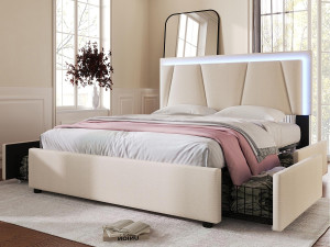 ModernLuxe Gestoffeerd bed 160x200cm in linnen - met 2 lades + LED + lattenbodem - Beige