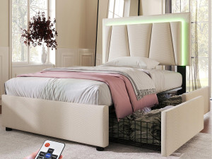 ModernLuxe Gestoffeerd bed 90x200cm in linnen - met 2 lades + LED + lattenbodem - Beige