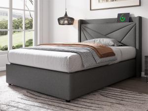 ModernLuxe Opbergbed 90x200cm linnen stof - met USB-poort en lattenbodem - Grijs