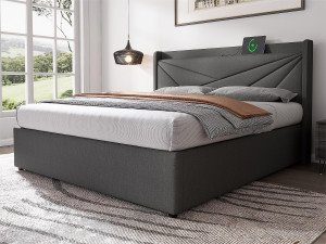 ModernLuxe Opbergbed 160x200cm linnen stof - met USB-poort en lattenbodem - Grijs