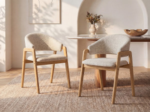 Unique Conjunto de 2 sillas con reposabrazos de tela y madera de hevea - Beige - SOLUNA