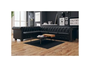 vidaxl Sofá de esquina Chesterfield 6 plazas cuero artificial negro
