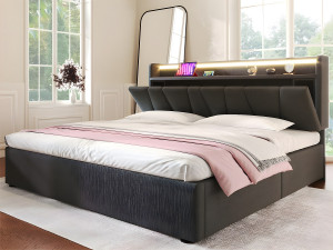 ModernLuxe Opbergbed 140x200cm - met LED en oplaadpoorten - linnen stof - Grijs