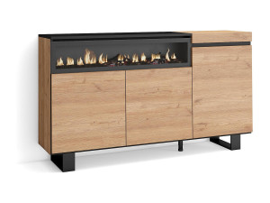 Skraut Home Dressoir, Opbergkast, 150x35x87cm, 3 Deuren, Elektrische haard, Industrieel design, Eiken/Zwart
