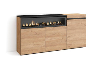 Skraut Home Dressoir, Opbergkast, 150x35x75cm, 3 Deuren, Elektrische haard, Eiken/Zwart