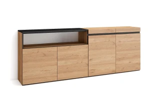Skraut Home Aparador sala de jantar, 200x35x75cm, 4 Portas, Armário arrumação, Carvahlo e preto