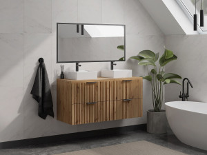 Vente-unique Geribbeld hangmeubel onder wastafel - Licht naturel - L120 cm - ZEVARA