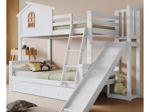 ModernLuxe Cabine stapelbed met glijbaan + lades - grenen frame - 90x200cm + 120x200cm - Wit
