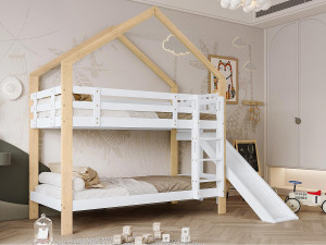 ModernLuxe Stapelbed met glijbaan en ladder - massief houten frame - 90x200 cm - Wit