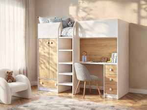 Vente-unique Hoogslaper 90 x 190 cm met kast en bureau - Wit en naturel - CINAMO