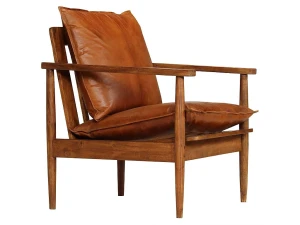 vidaxl Sillón de cuero auténtico marrón con madera de acacia