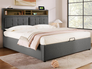 ModernLuxe Opbergbed 140x200 cm in linnenstof - verstelbaar hoofdeinde met stopcontacten - met lattenbodem - Grijs