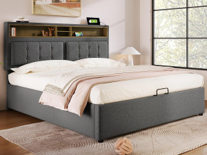 ModernLuxe Opbergbed 160x200 cm in linnenstof - verstelbaar hoofdeinde met stopcontacten - met lattenbodem - Grijs