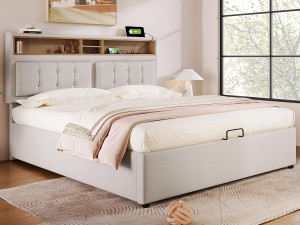 ModernLuxe Opbergbed 160x200 cm in linnenstof - verstelbaar hoofdeinde met stopcontacten - met lattenbodem - Beige