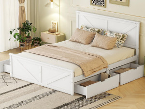 ModernLuxe Volwassen bed 160x200cm - met 4 lades - massief hout - Wit