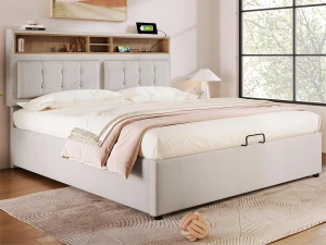 ModernLuxe Cama de arrumação 140x200 cm em tecido de linho - cabeceira ajustável com tomadas - com base de ripas - Bege