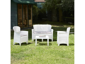 Dmora Debois outdoor loungeset, Tuinset met 2 fauteuils, 1 bank en 1 salontafel, Rotan effect lounge met kussens, 100% Made in Italy, Wit