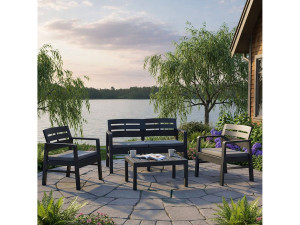 Dmora Dgyas outdoor loungeset, Tuinset met 2 fauteuils, 1 bank en 1 salontafel, Binnen- en buitenlounge met kussens, 100% Made in Italy, Antraciet