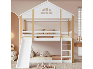 ModernLuxe Stapelbed van massief hout met ladder en glijbaan - 90x200 cm - Wit