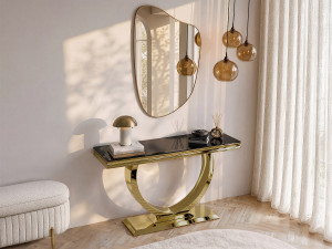 Vente-unique Consoletafel van gehard glas en roestvrij staal - Goudkleurig en zwart - ROWAN