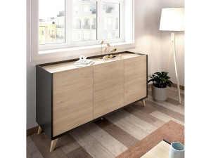 Dmora Dadop dressoir, Woonkamerbuffet, Modern woonkamerdressoir met 3 deuren, 155x43h75 cm, Eiken en Antraciet