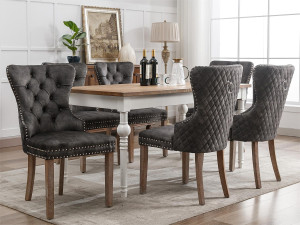 ModernLuxe Set van 6 fluwelen stoelen - massief houten poten - grijs